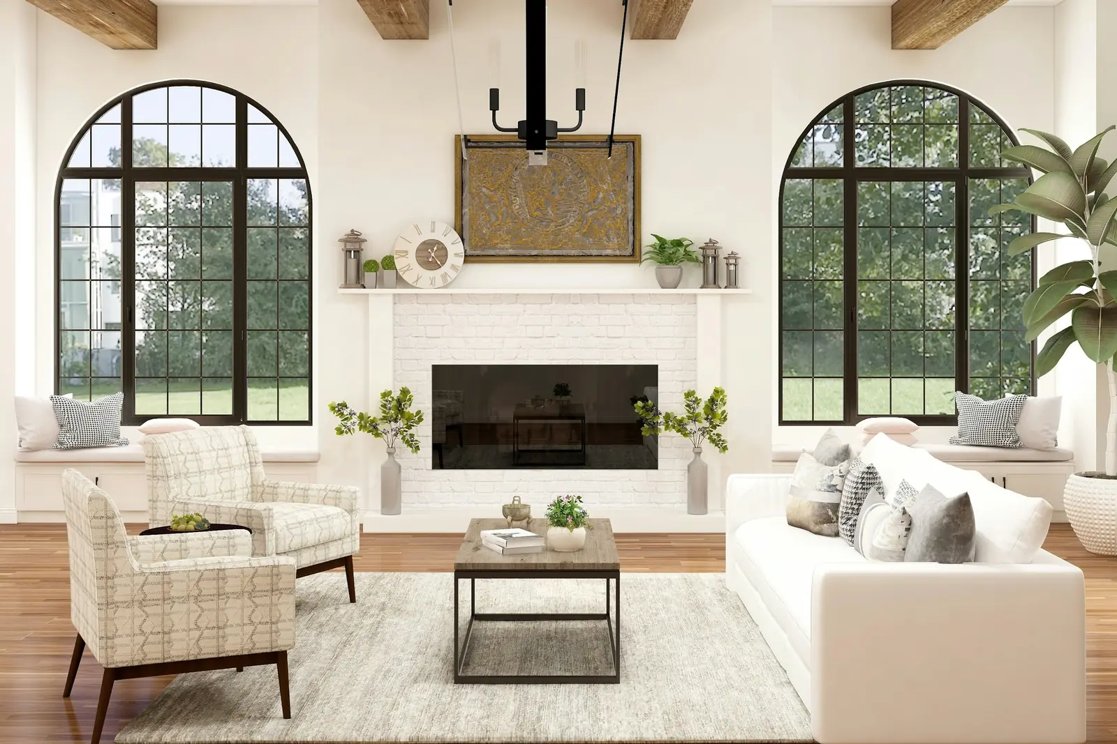 Bright living room with timber beams, arched windows, ivory sofas and a fireplace