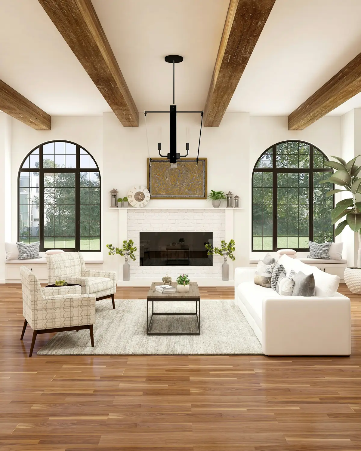 Bright living room with timber beams, arched windows, ivory sofas and a fireplace