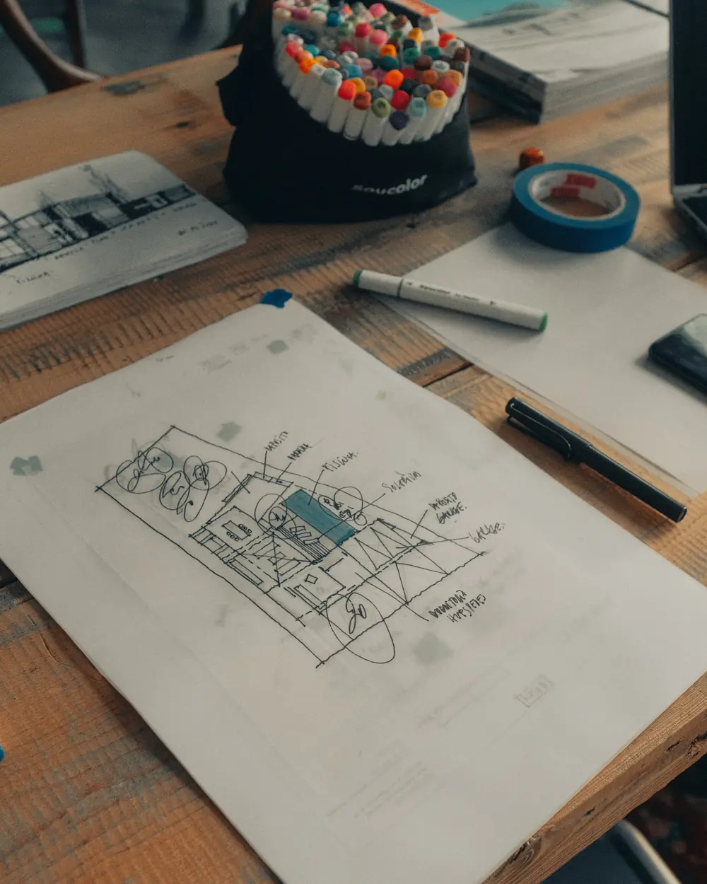 Hand-drawn floor plan with pens and tape on a design table
