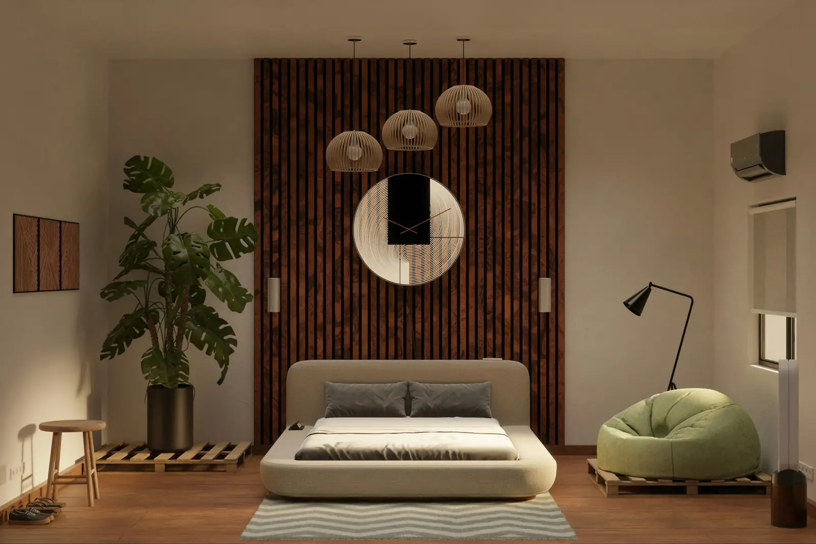 Japandi bedroom with a low bed, slatted wood wall and rattan pendants