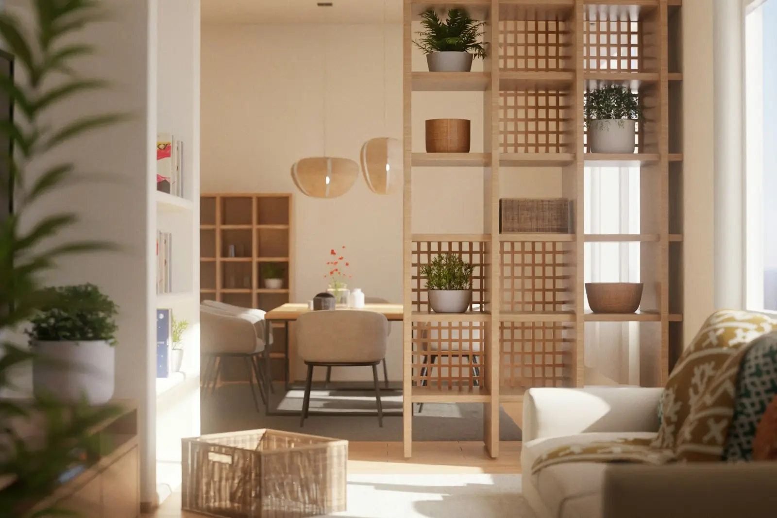 Japandi living space with timber screens, open shelving and natural textures