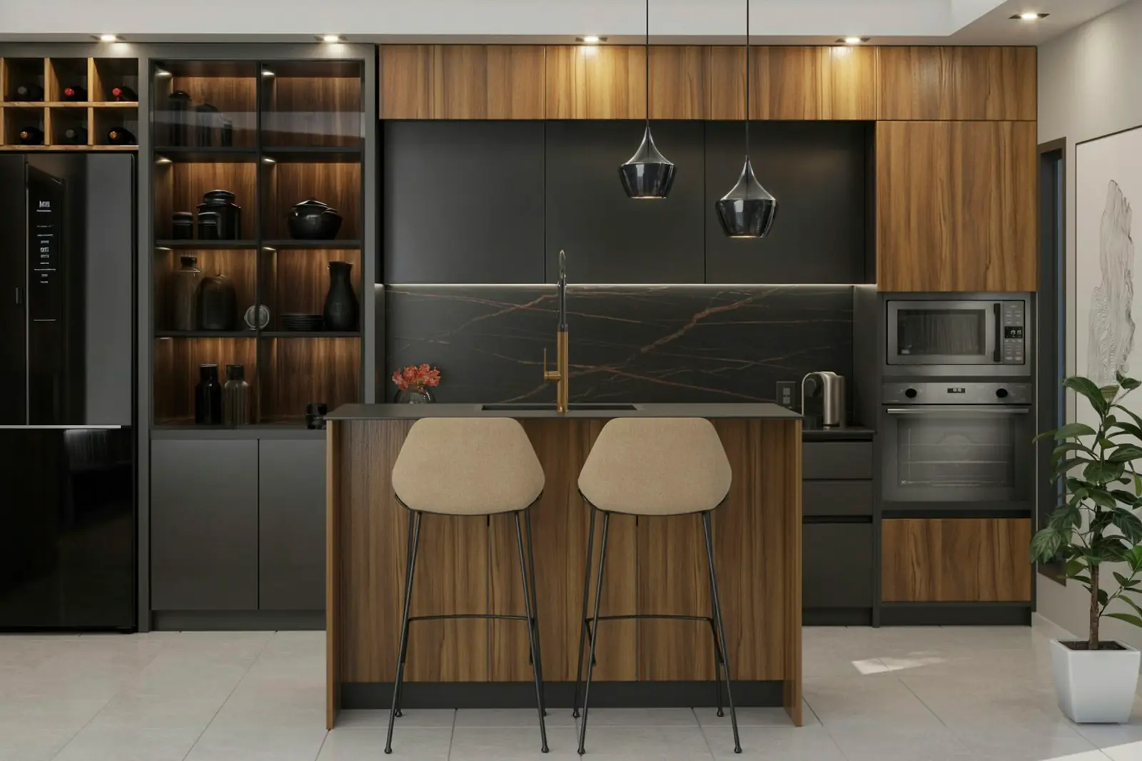Modular kitchen with a walnut island, black stone backsplash and tall units