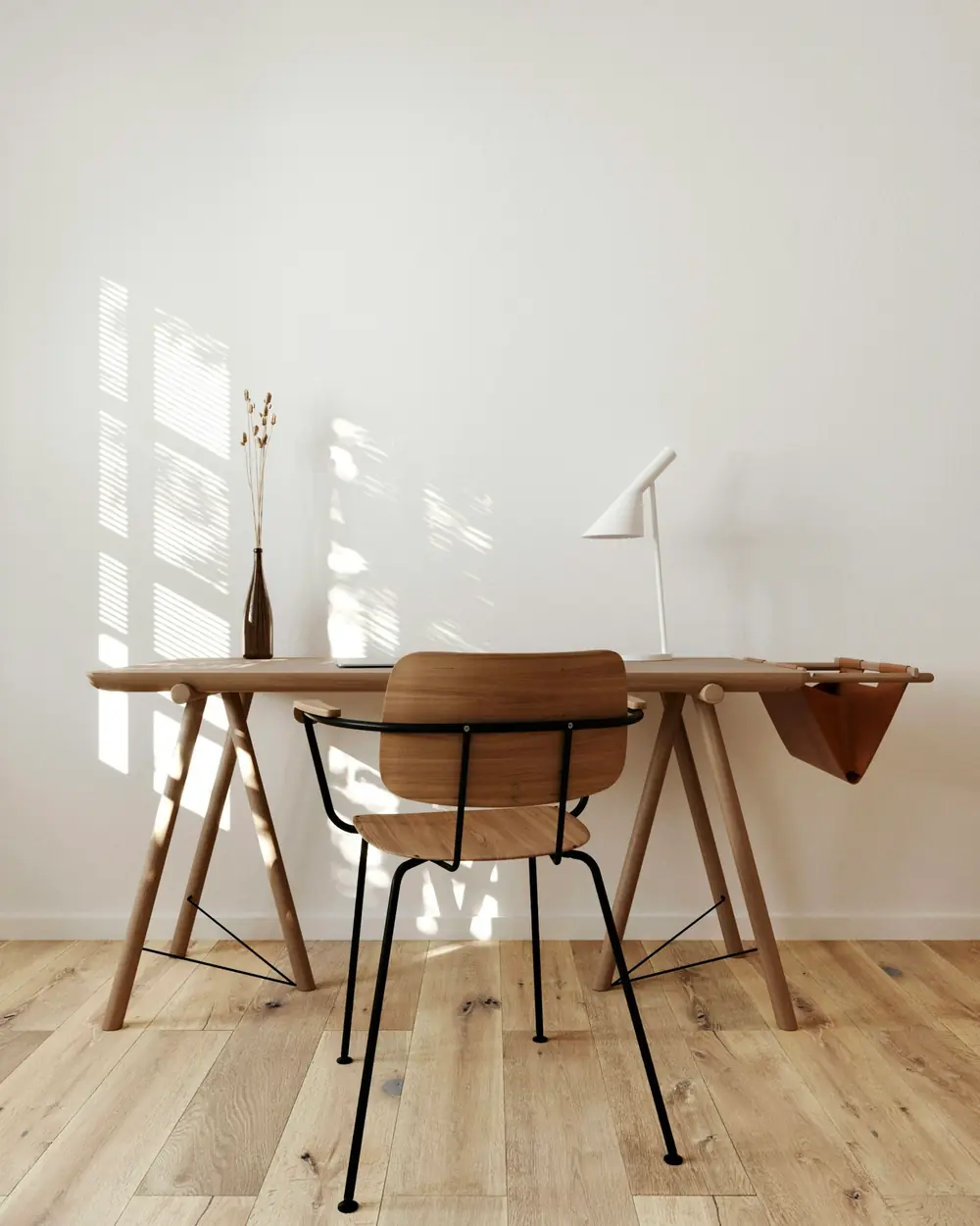 Solid oak writing desk with a sculpted edge, bentwood chair and white task lamp