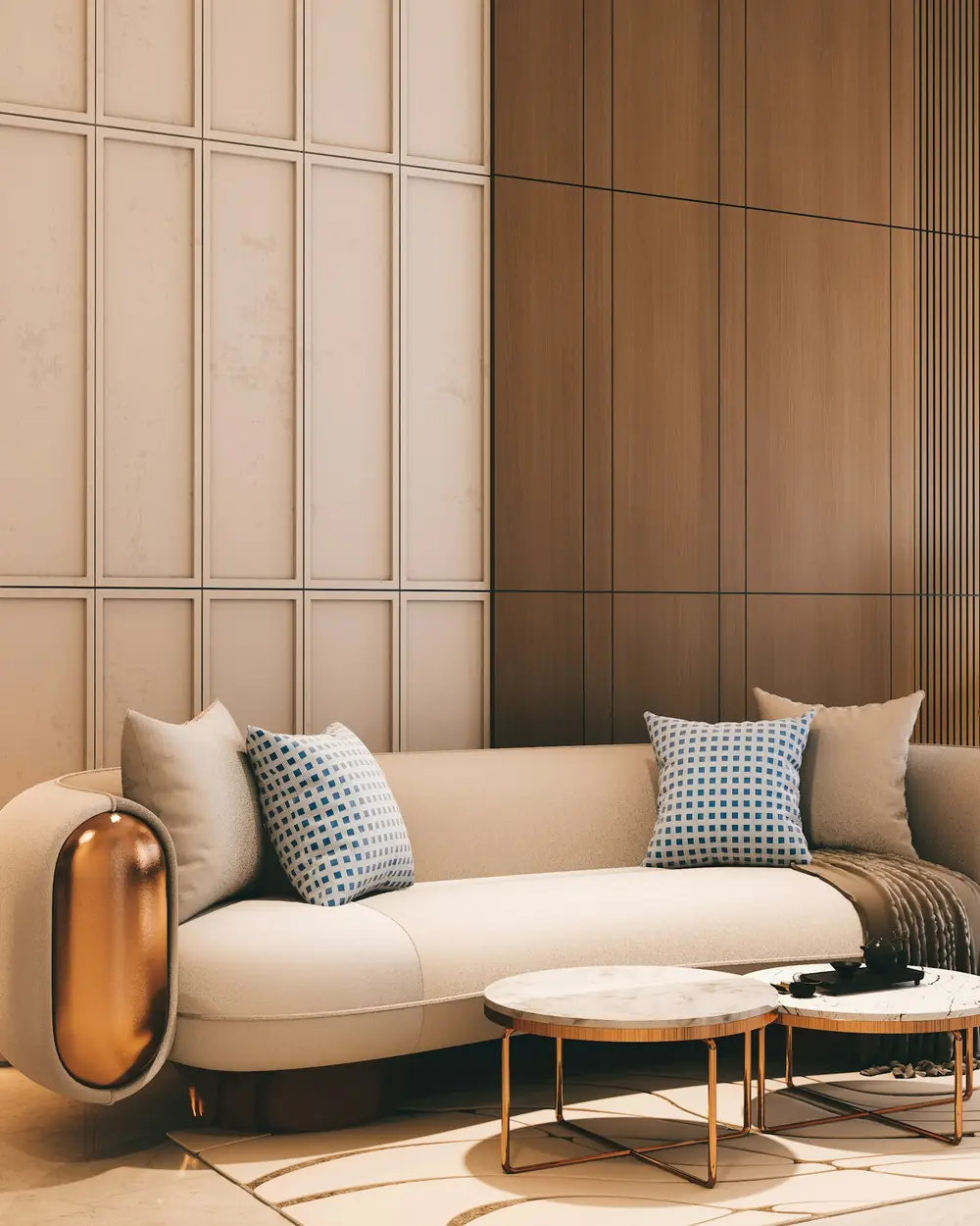 Curved ivory bouclé sofa with patterned cushions and round marble-top coffee tables against warm wood panelling