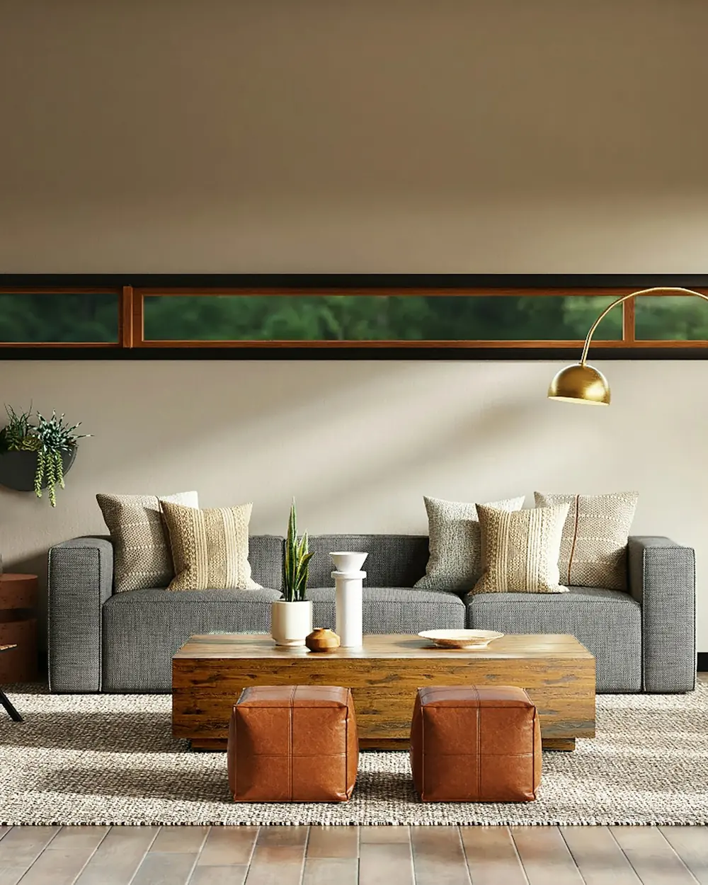 Grey modular three-seater sofa with textured cushions in a sunlit living room