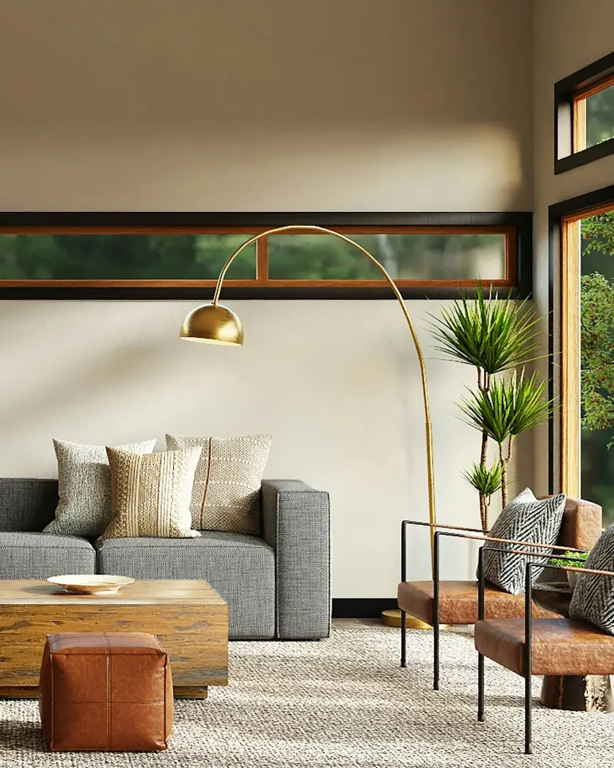 Brass arc floor lamp with a spun dome shade arching over a sofa