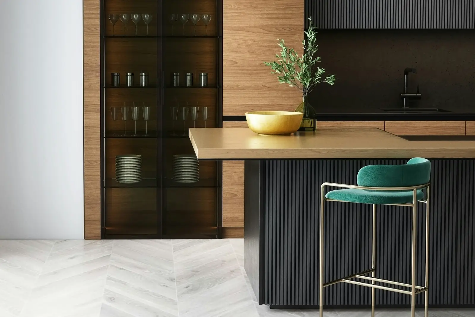 Modular kitchen with walnut tall units, fluted island, brass sink and teal bar stools