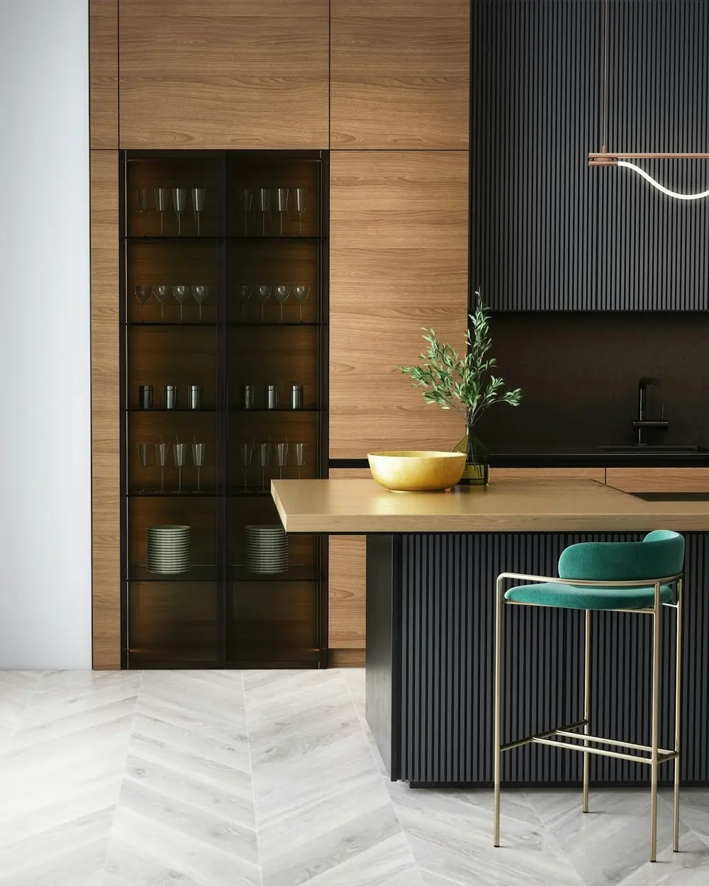 Modular kitchen with walnut tall units, fluted island, brass sink and teal bar stools