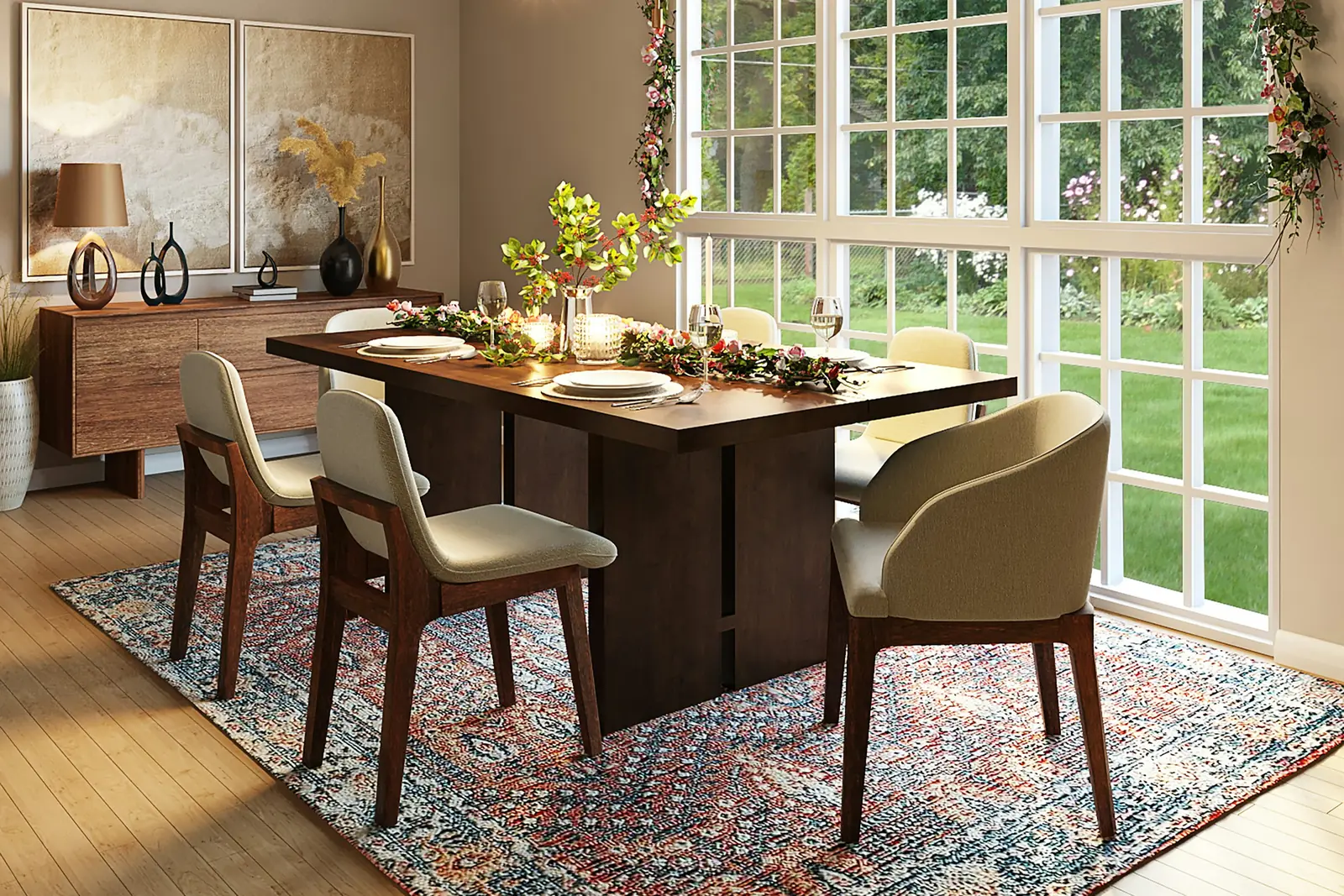 Dining room with timber beams, upholstered chairs, a dark wood table and a vintage rug