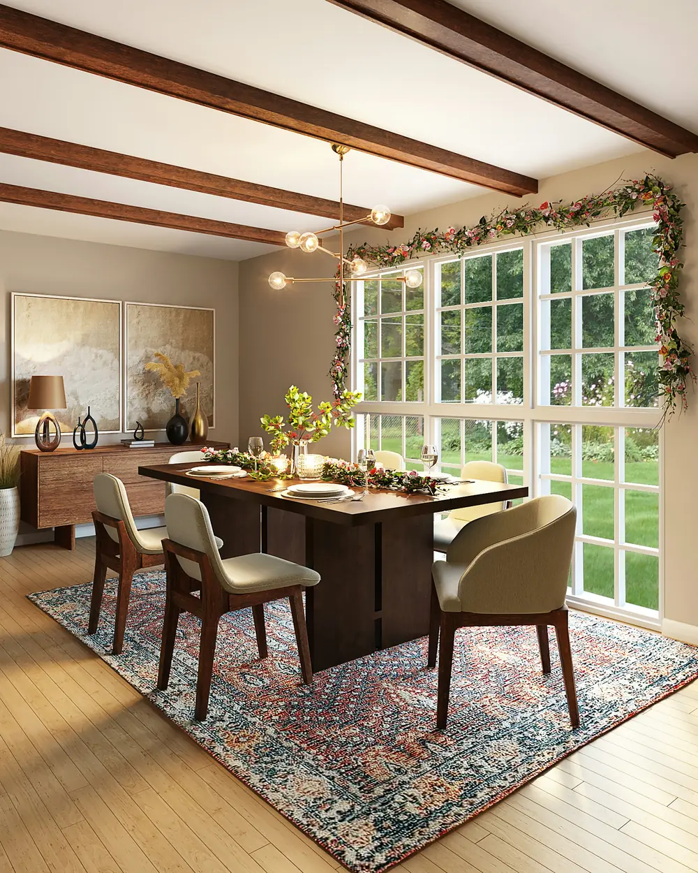 Dining room with timber beams, upholstered chairs, a dark wood table and a vintage rug