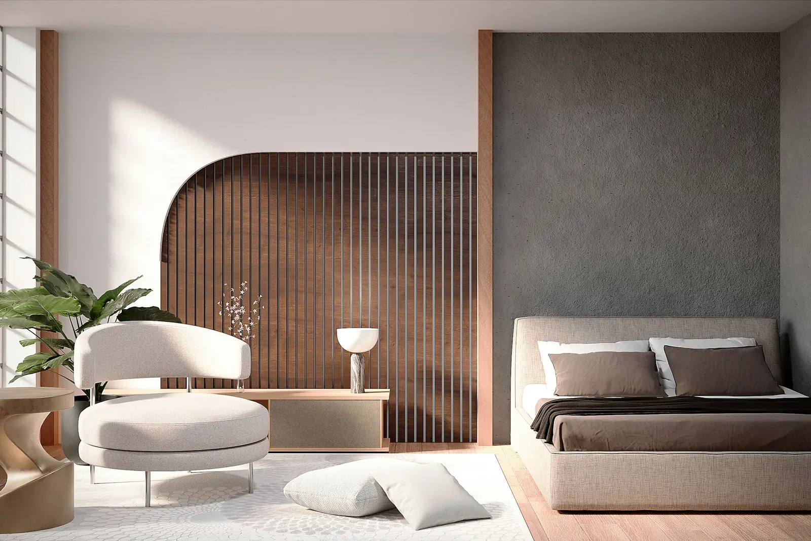 Bedroom with a curved fluted headboard wall and a sculptural armchair