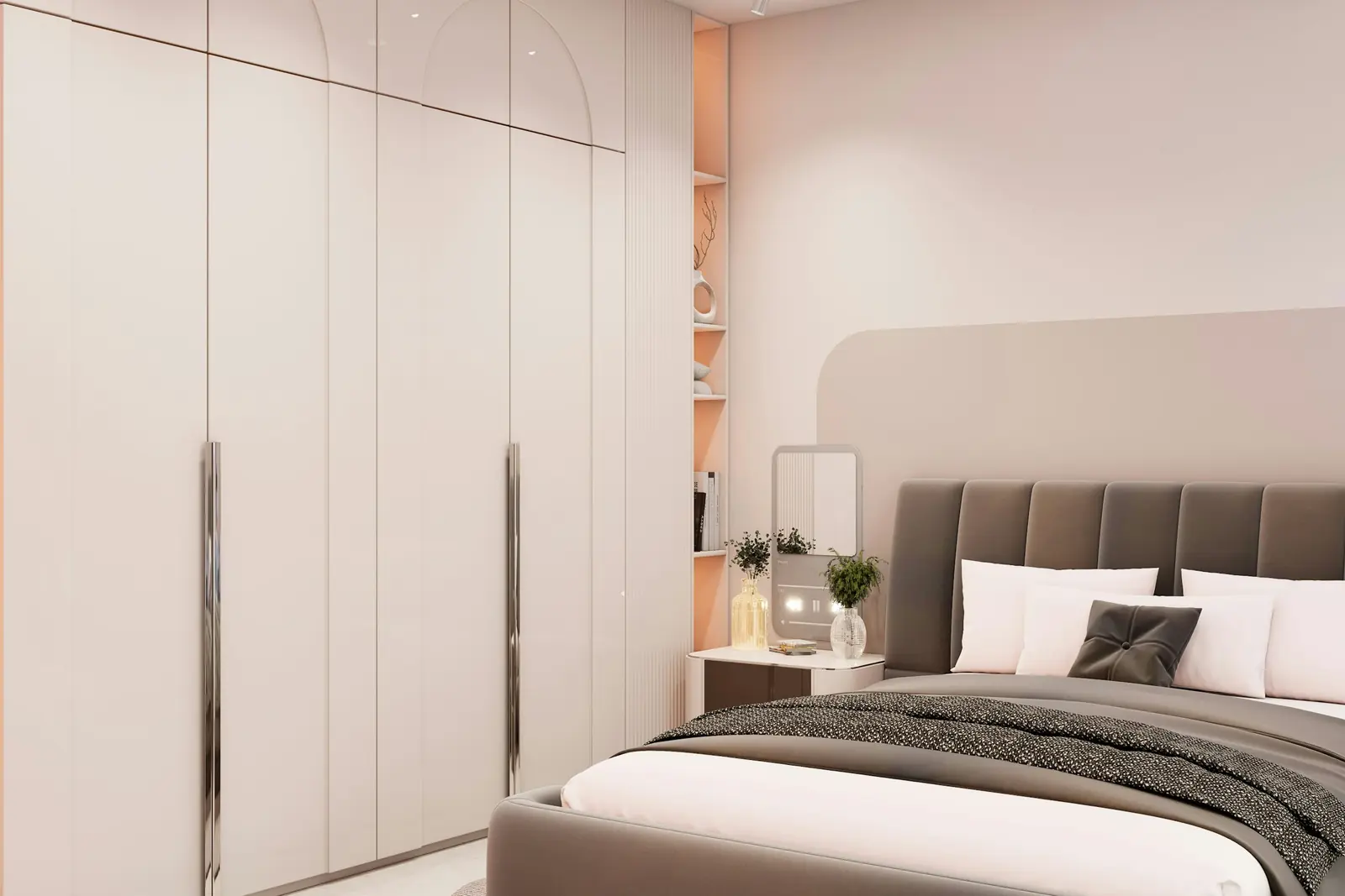 Bedroom with full-height fitted wardrobes and an upholstered bed